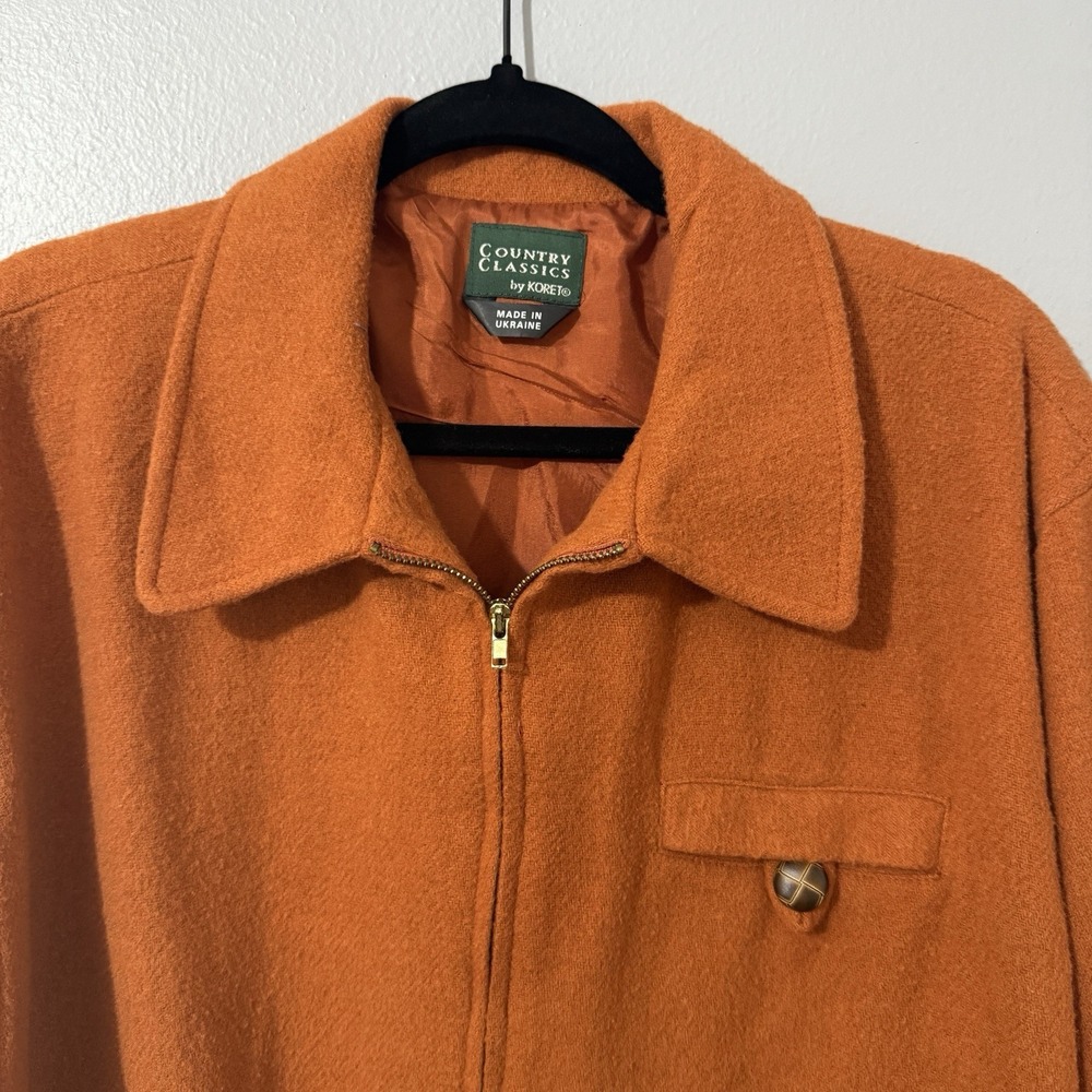 VTG Womens Wool Jacket Shacket Burnt‎ Orange Leather Buttons Coat Full Zip Chore